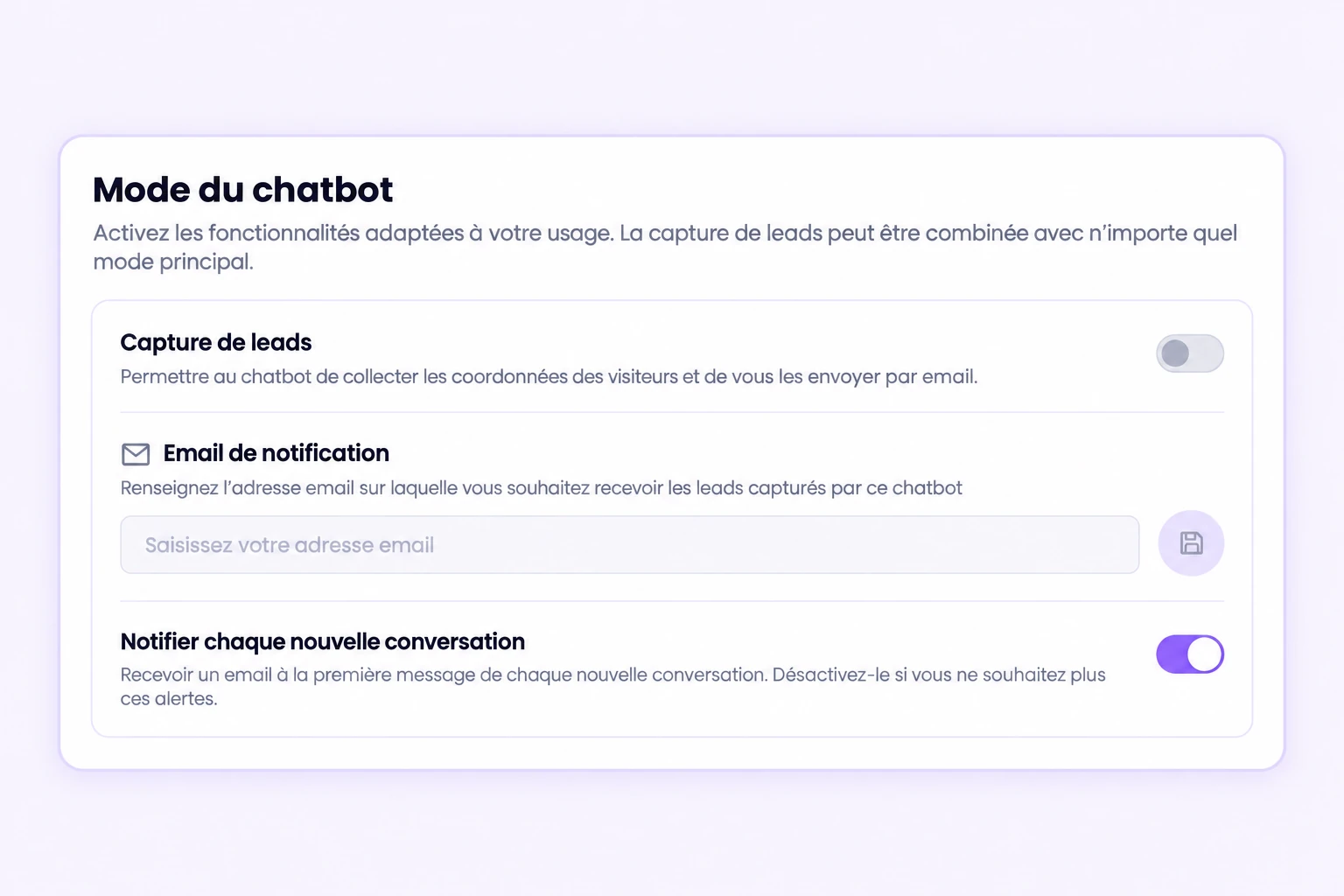 Option de collecte de contacts et réglages de notification dans Chatyx