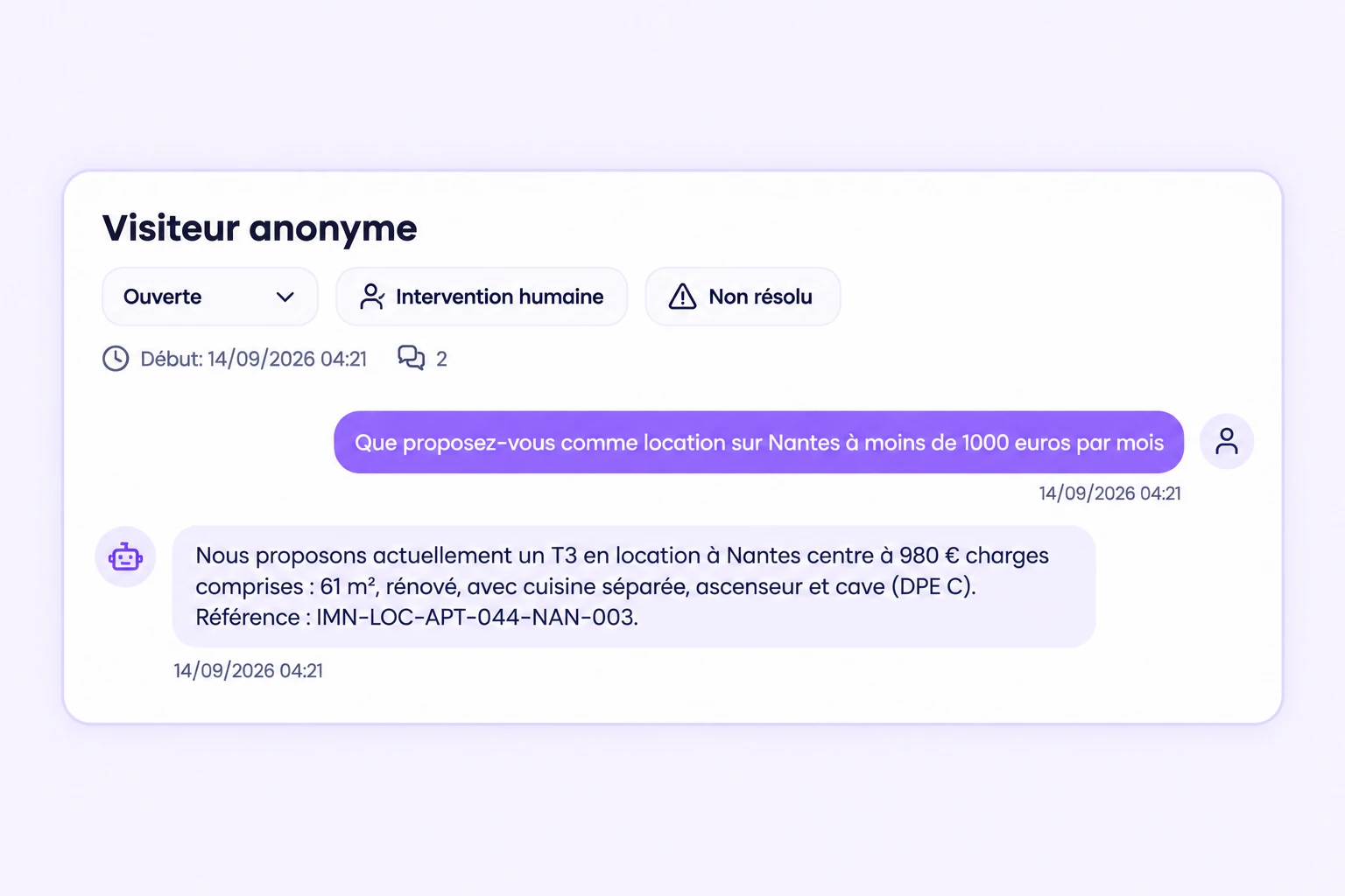 Conversation de démonstration retrouvée dans Chatyx avec son statut